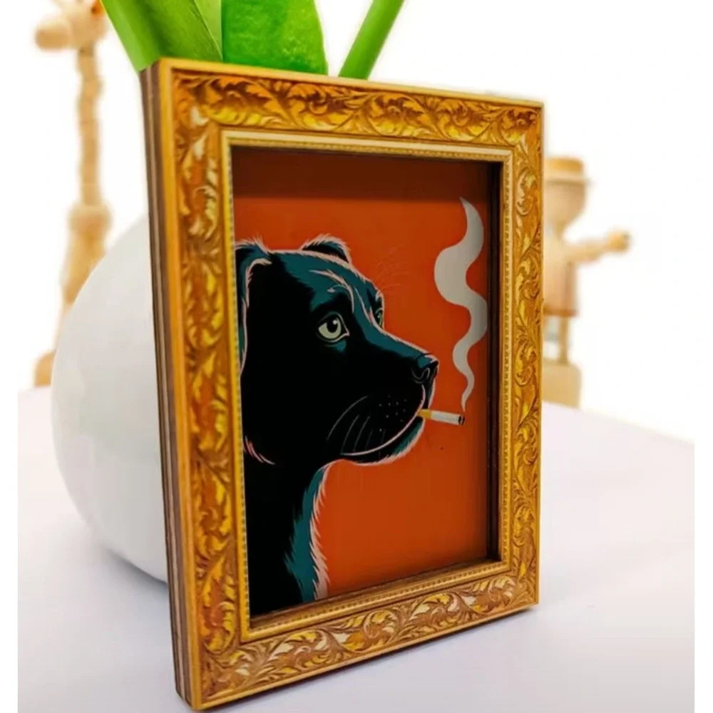 Miniature Smoking Black Dog Lab Framed Art 3